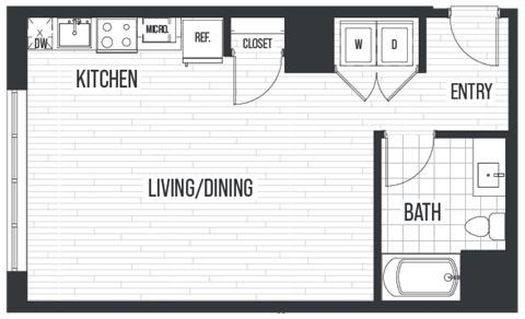 Floor plan for studio, 1 bath, 566 sqft